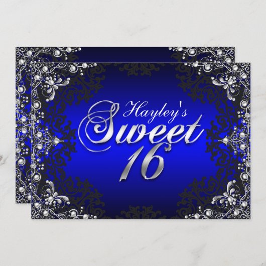 Silver Black Blue Pearl Damask Sweet 16 Einladung (Vorne/Hinten)