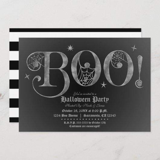 Silver & Black BOO Elegantes Halloween-Party Einladung (Vorne/Hinten)