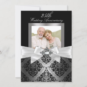 Silver Black Bow & Damask 25. Hochzeitstag Einladung