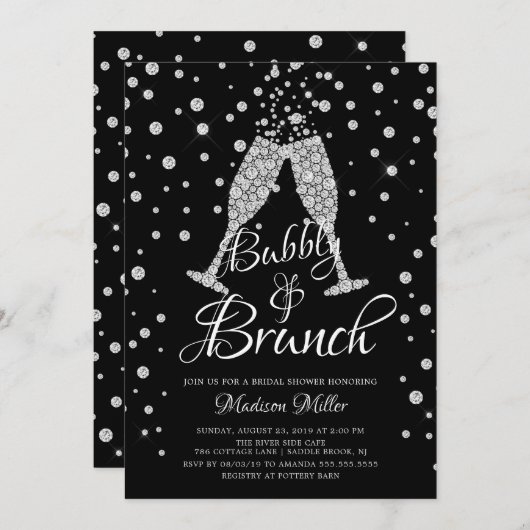 Silver & Black Bubbly & Brunch Brautparty Einladung (Vorne/Hinten)
