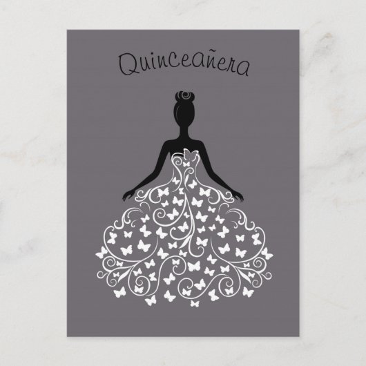 Silver Black Butterfly Gown Quinceanera Einladung (Vorderseite)