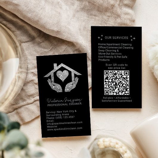 Silver Black Cleaning Service Maid QR Code Logo Visitenkarte