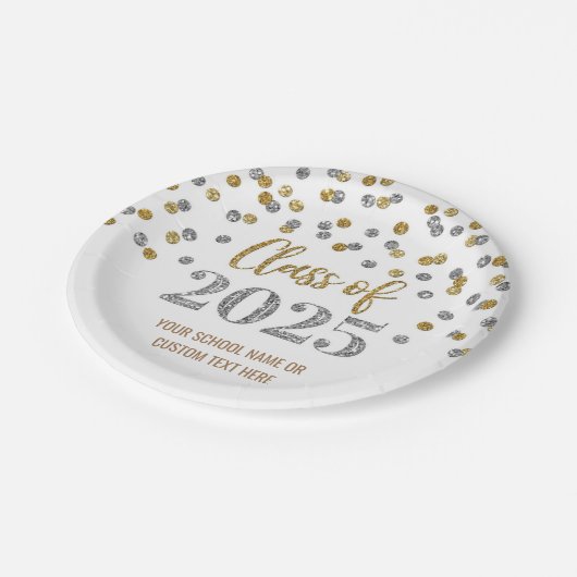 Silver Black Confetti Abschluss 2025 Pappteller (Schrägansicht)