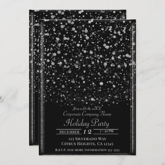 Silver & Black Confetti Spritzer Holiday Party Einladung (Vorne/Hinten)