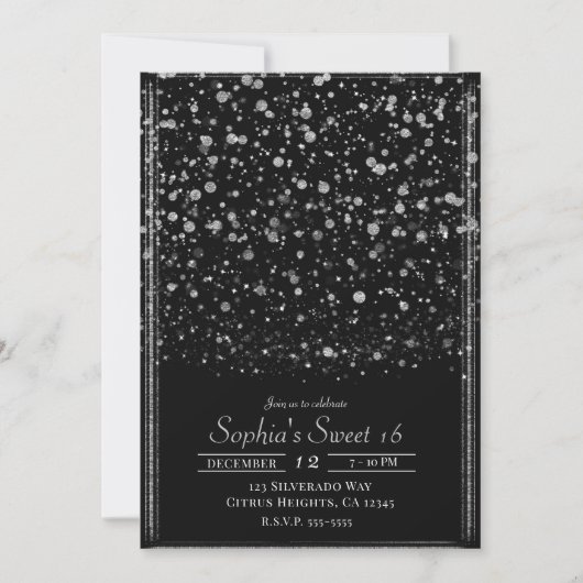 Silver & Black Confetti Spritzer Sweet 16 Party Einladung (Vorderseite)