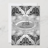 Silver Black Damask & Bow 25-jähriger Einladung (Vorderseite)