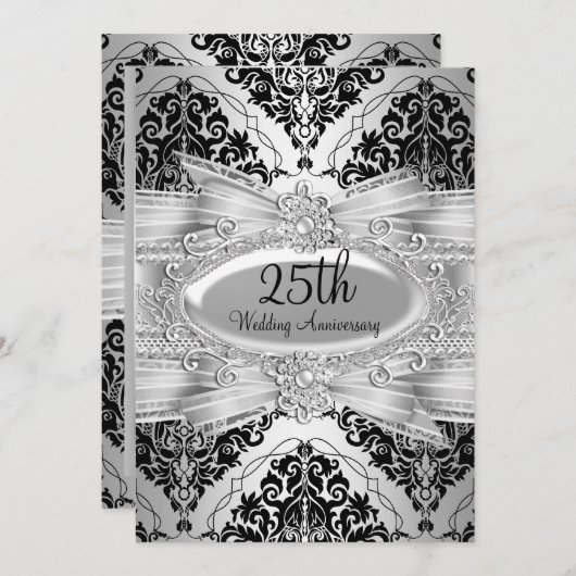 Silver Black Damask & Bow 25-jähriger Einladung (Vorne/Hinten)