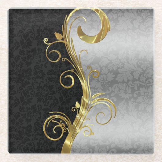 Silver & Black Damask Glasuntersetzer (Vorderseite)