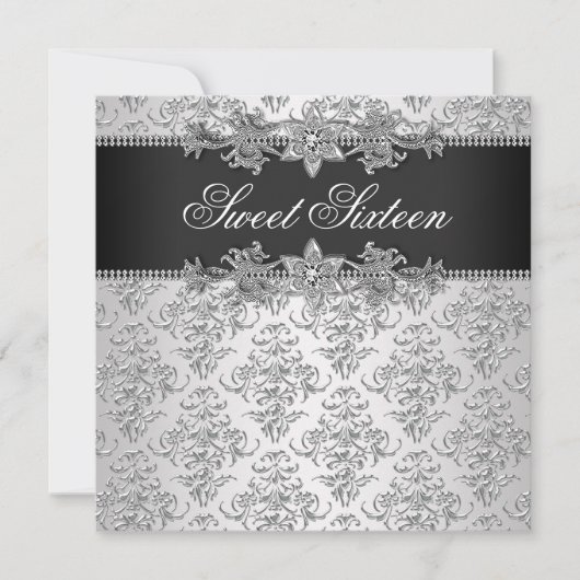 Silver Black Damask Schwarz-weiß Sweet 16 Geburtst Einladung (Vorderseite)