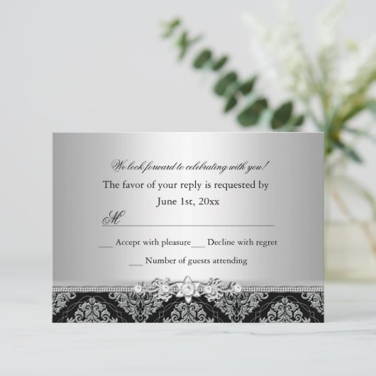Silver & Black Damask UAWG RSVP Karte (Stehend Vorderseite)