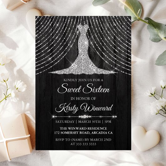 Silver Black Diamond Dress Sweet 16 Einladung