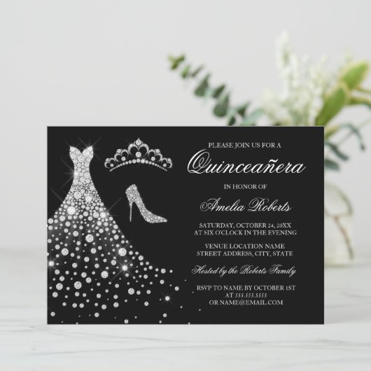 Silver Black Diamond Dress Tiara Quinceanera Einladung (Stehend Vorderseite)