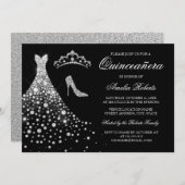 Silver Black Diamond Dress Tiara Quinceanera Einladung (Vorne/Hinten)