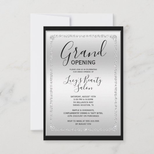 Silver & Black Diamond Gerahmt Grand Opening Einladung (Vorderseite)