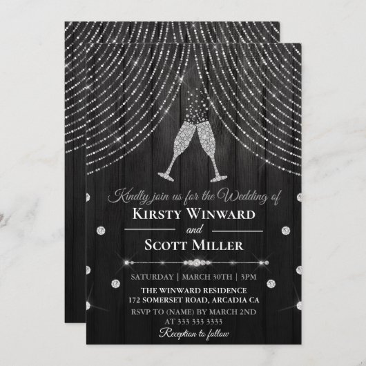 Silver Black Diamond Gläser Wedding Einladung (Vorne/Hinten)