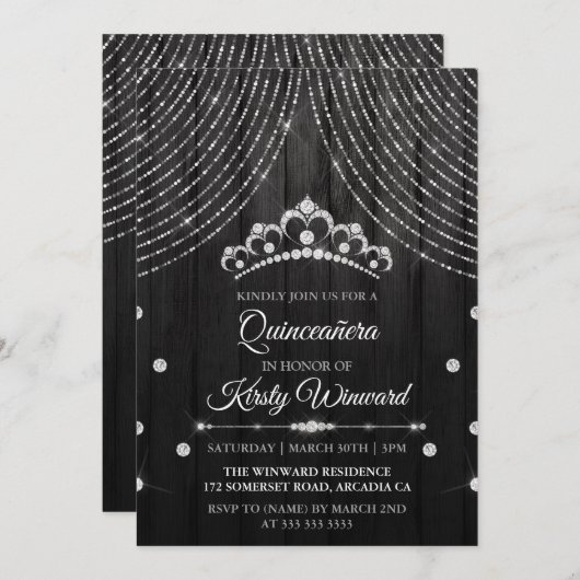 Silver Black Diamond Tiara Quinceanera Einladung (Vorne/Hinten)
