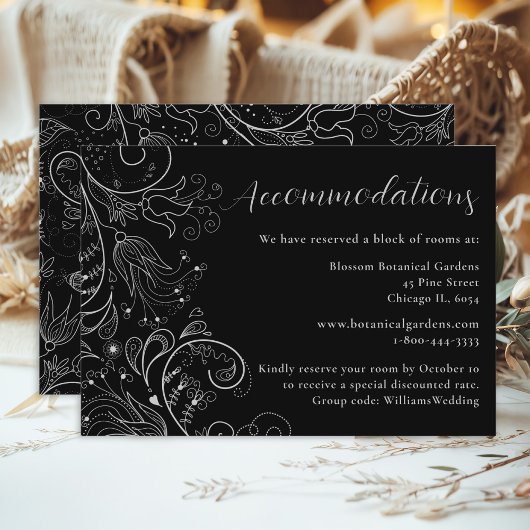 Silver Black Elegant Floral Hochzeitsunterkünfte Begleitkarte
