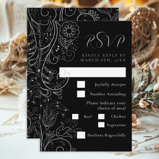 Silver Black Elegant Floral Wedding Meal Choice RSVP Karte