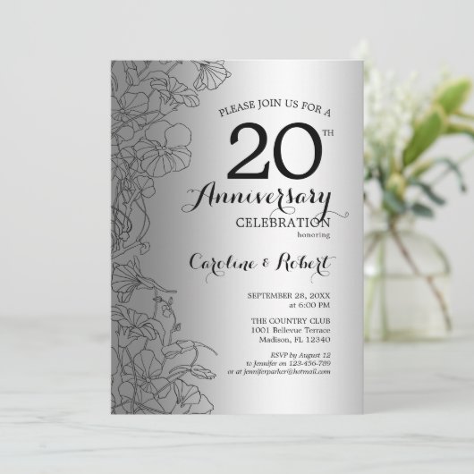 Silver Black Floral 20 Jahre Einladung (Stehend Vorderseite)