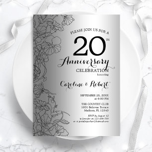 Silver Black Floral 20 Jahre Einladung