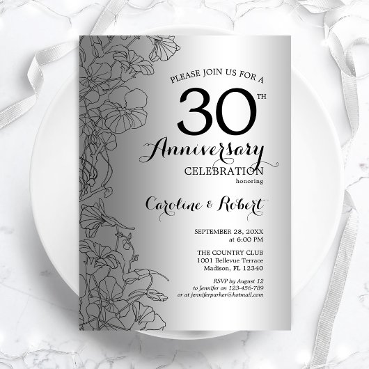 Silver Black Floral 30 Jahre Einladung