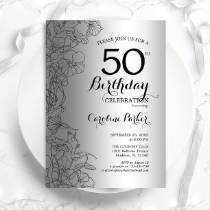 Silver Black Floral 50. Geburtstagsparty Einladung