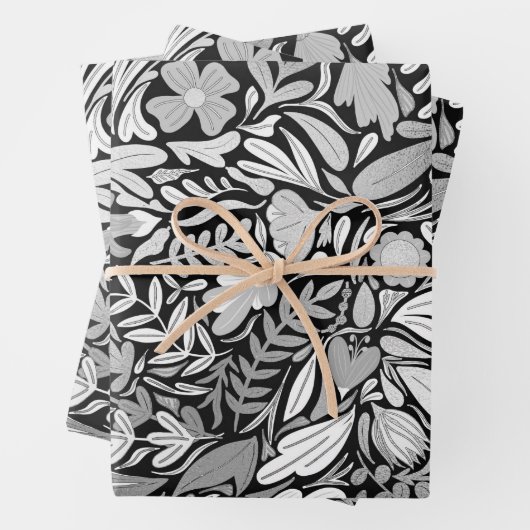 Silver Black Floral Blätter Illustration Muster (Beispiel)
