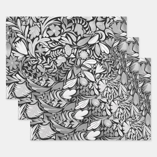 Silver Black Floral Blätter Illustration Muster (Set)