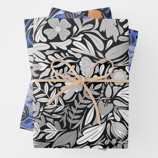 Silver Black Floral Blätter Illustration Muster (Beispiel)