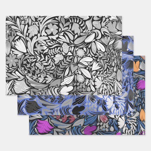 Silver Black Floral Blätter Illustration Muster (Set)