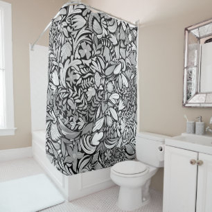 Silver Black Floral Blätter Illustration Muster Duschvorhang