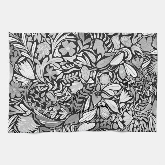 Silver Black Floral Blätter Illustration Muster Geschirrtuch (Horizontal)