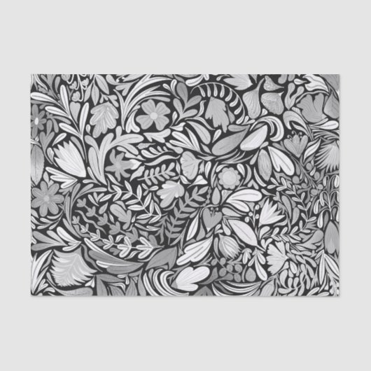 Silver Black Floral Blätter Illustration Muster Seidenpapier (Vorderseite)