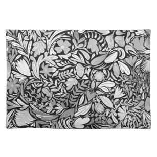 Silver Black Floral Blätter Illustration Muster Stofftischset
