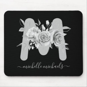 Silver Black Floral Watercolor Monogram Mousepad