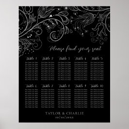 Silver Black Floral Wedding 10 Table Seating Chart Poster