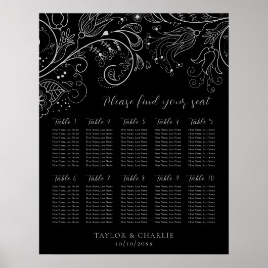 Silver Black Floral Wedding 10 Table Seating Chart Poster (Vorne)