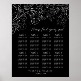 Silver Black Floral Wedding 8 Tables Seekarte Poster