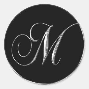 Silver Black Formal Wedding Monogram M Siegel Runder Aufkleber