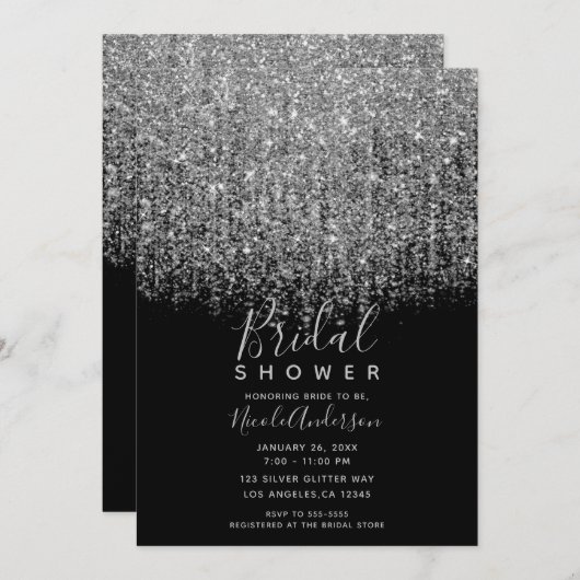 Silver & Black Funkelnd Glitzer Brautparty Einladung (Vorne/Hinten)