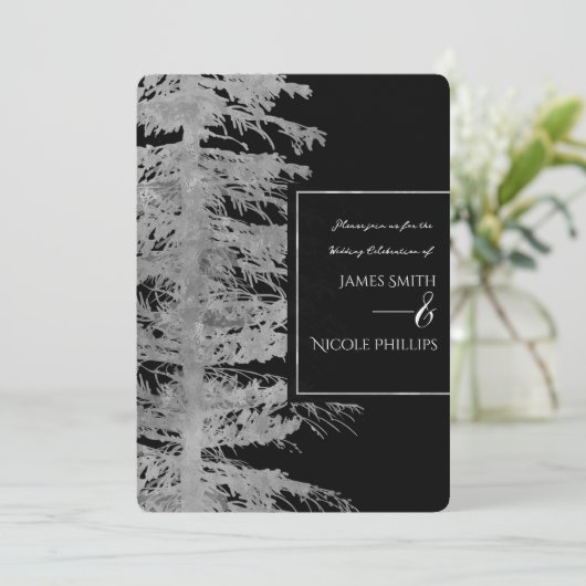 Silver Black Glam Pine Tree Rustic Forest Wedding Einladung (Stehend Vorderseite)