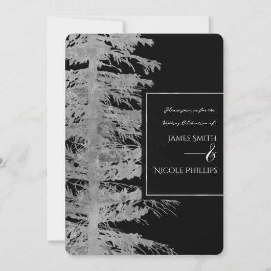 Silver Black Glam Pine Tree Rustic Forest Wedding Einladung (Vorderseite)