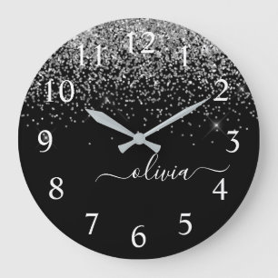 Silver Black Glitter Script Monogram Girly Name Große Wanduhr