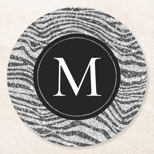 Silver Black Glitz Zebra Glitzer Monogram Runder Pappuntersetzer (Vorderseite)