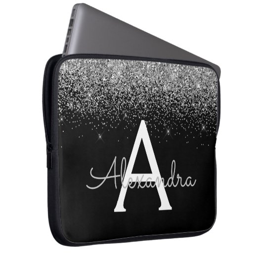Silver Black Glitzer and Sparkle Monogram Laptopschutzhülle (Vorne Rechts)