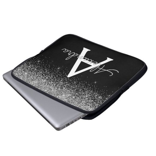 Silver Black Glitzer and Sparkle Monogram Laptopschutzhülle (Vorne Knopf)