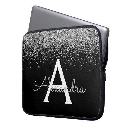 Silver Black Glitzer and Sparkle Monogram Laptopschutzhülle (Vorderseite Links)