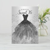 Silver Black Glitzer Dress Sweet 16 Geburtstag Einladung (Stehend Vorderseite)