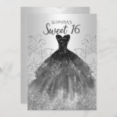 Silver Black Glitzer Dress Sweet 16 Geburtstag Einladung (Vorne/Hinten)