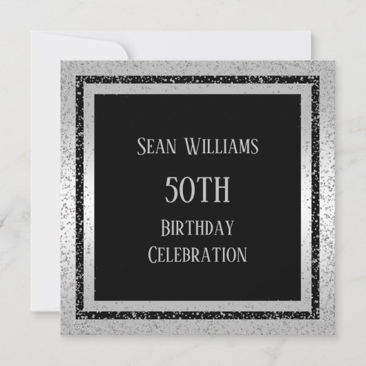 Silver & Black Glitzer Gerahmt Man's 50. Geburtsta Einladung (Vorderseite)